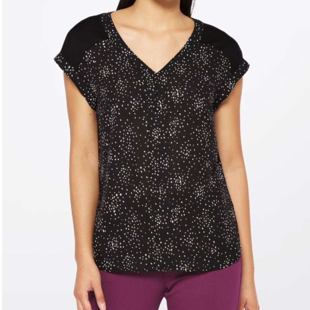 Fortune + Ivy Black & White Mixed Material Dot Print Blouse Workwear Medium